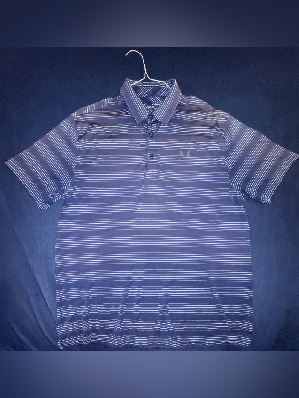Under Armour Men’s XL Navy, Light Blue, Pink Striped Golf Polo Loose HeatGear